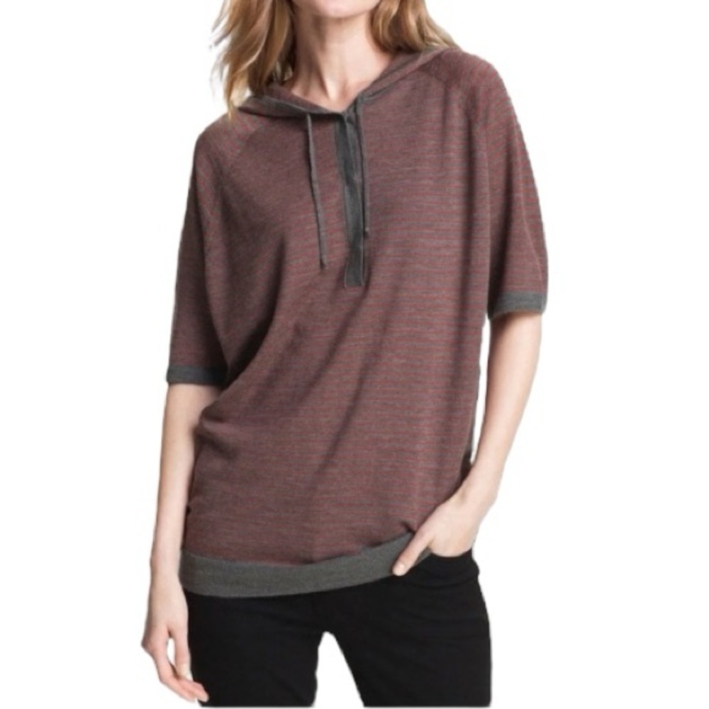 Eileen Fisher‎ Merino Wool Short Sleeve Hooded Sweater Stripes Red Grey Medium